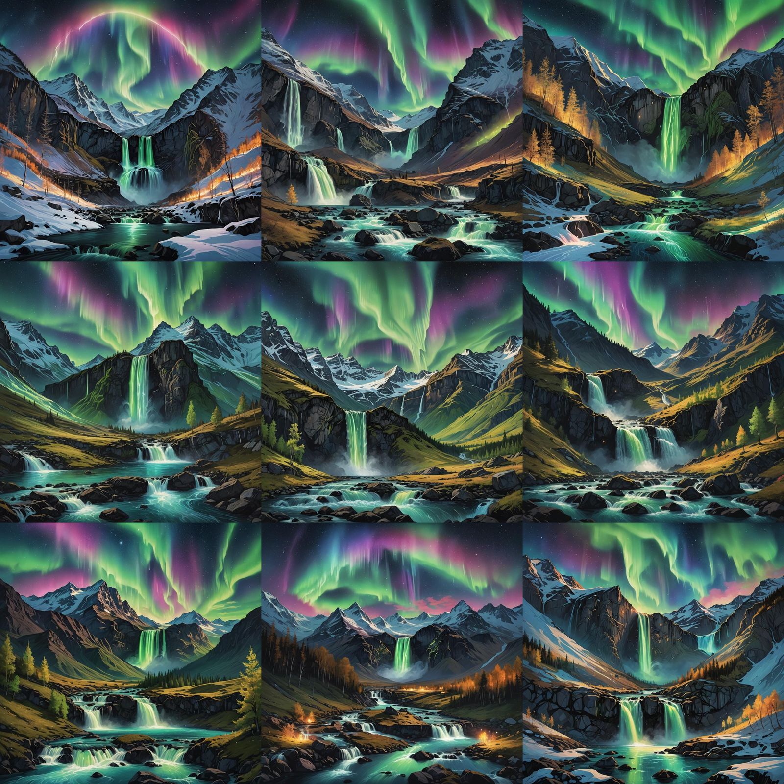 Mountain View with Northern Lights, Astral Illustration