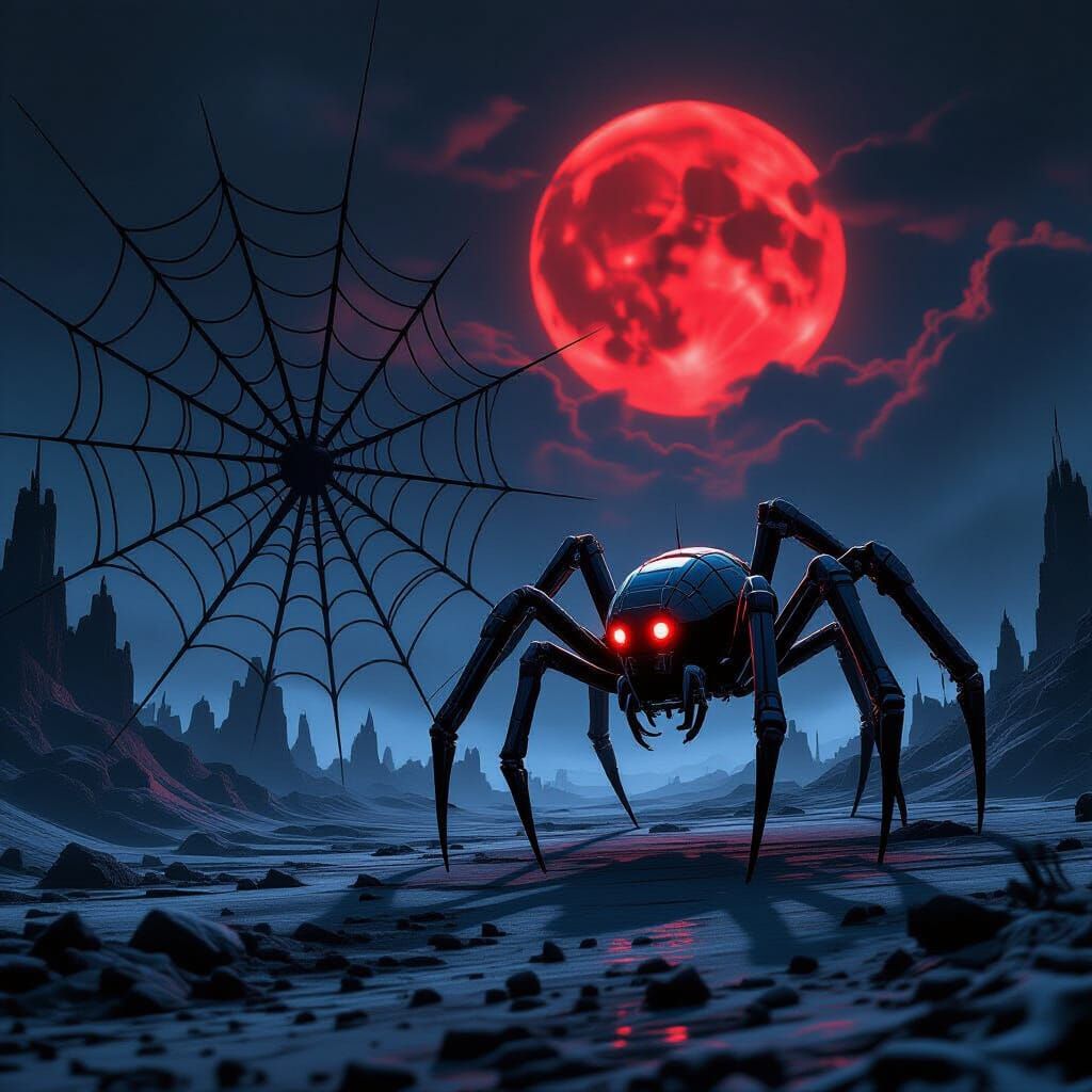Terrifying Mechanical Spider Creature on Gothic Wasteland Pl...
