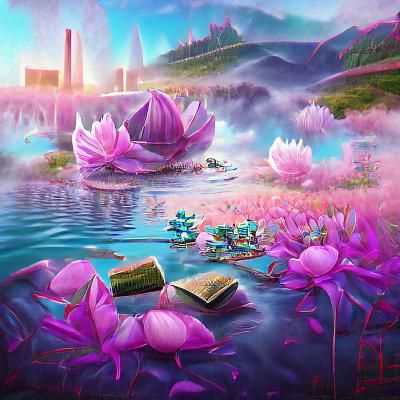 Ethereal Vaporwave Dreamscape with Lotus Flowers