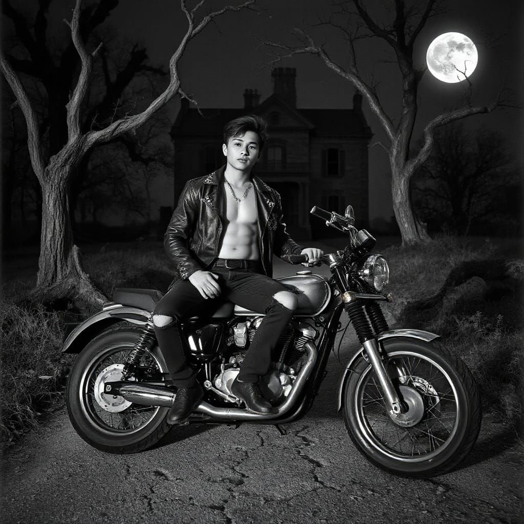 Man on Motorcycle at Gothic Mansion