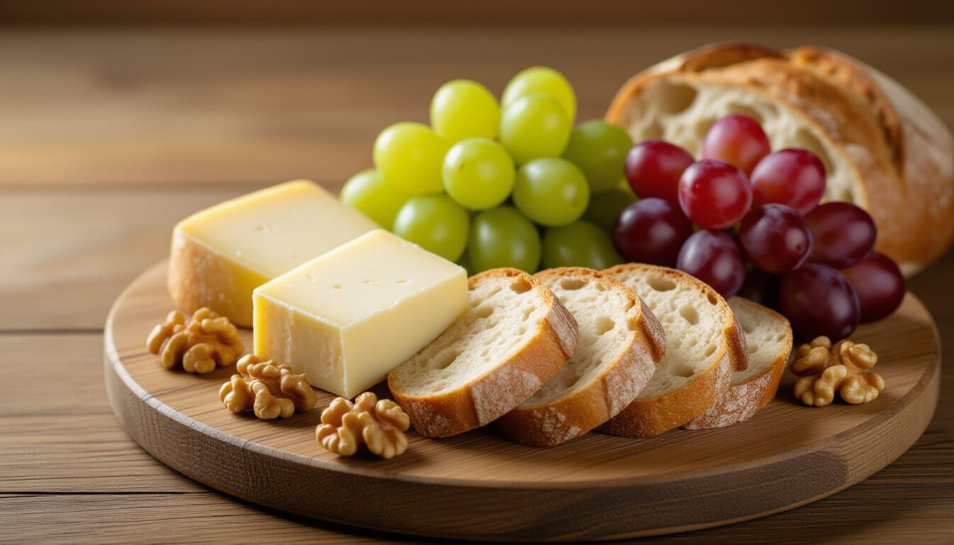 Artisan Bread, Cheese, Grapes & Walnuts on Wooden Board