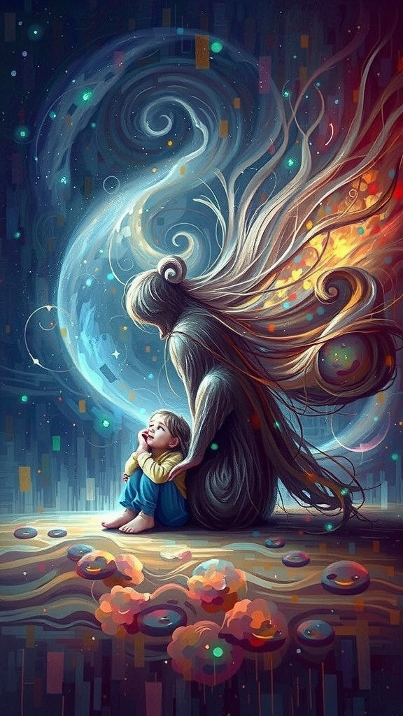 Dreamlike Girl Reaching for Parents in Abstract Style