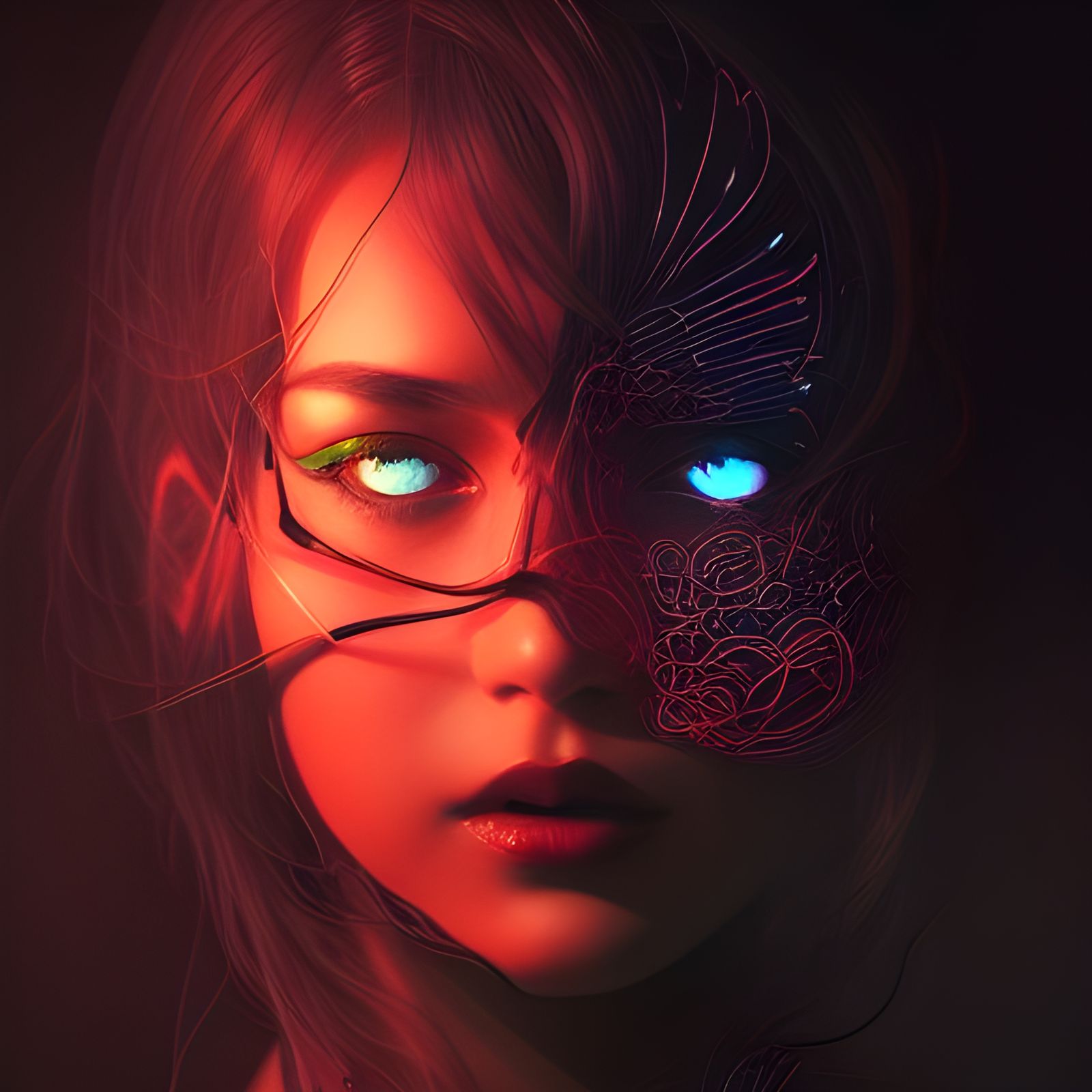 Woman in Vaporous Dress with Neon Circuitry