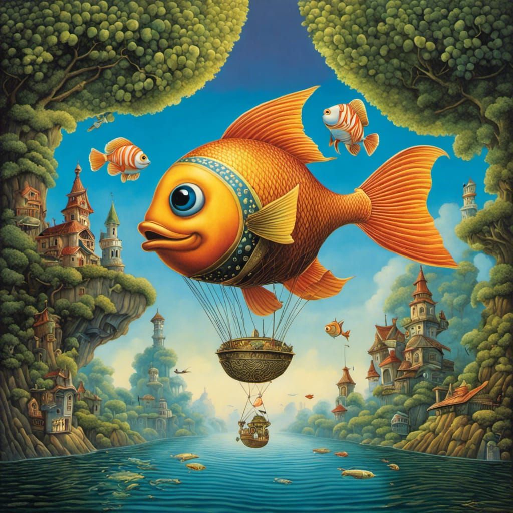 Whimsical Fish Parachuting in Surrealist Style