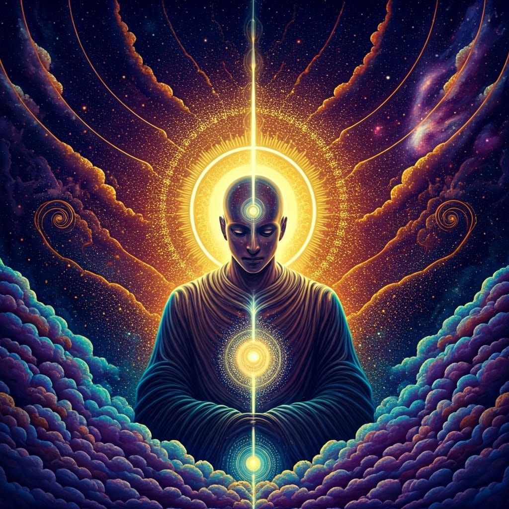 Cosmic Meditation: Spiritual Figure in Ethereal Clouds