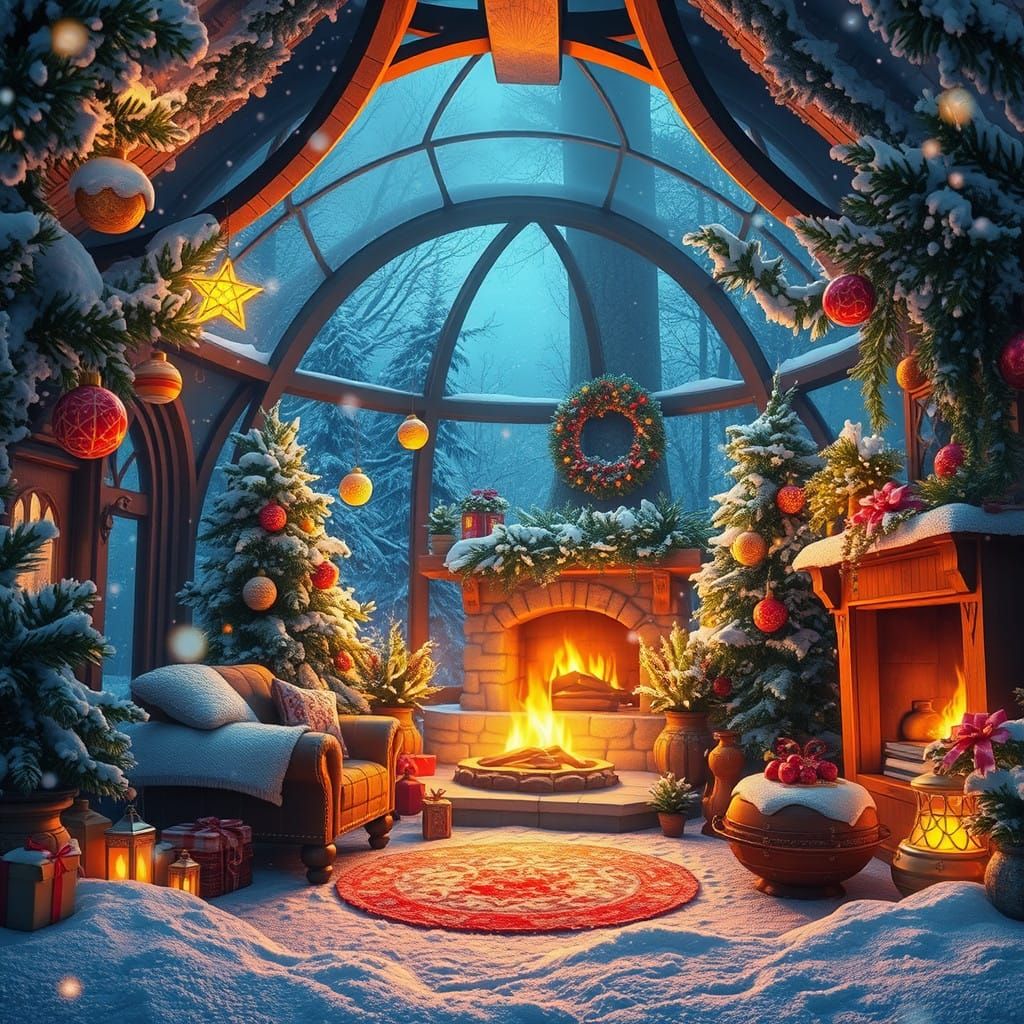 Cozy Winter Wonderland Scene with Glowing Ornaments and Fire...