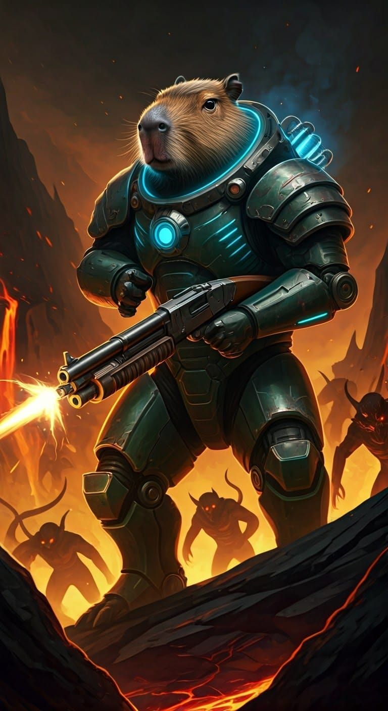 Heroic Capybara Doom Slayer in Neon-Lit Power Armor Unleashe...