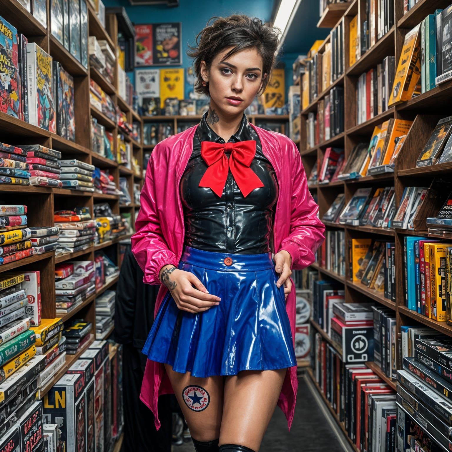 Nerdy Tattooed Woman in Latex Outfit at Store