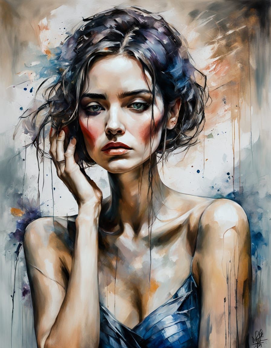 Sad Woman Expressing Deep Thought in Surrealist Oil Painting