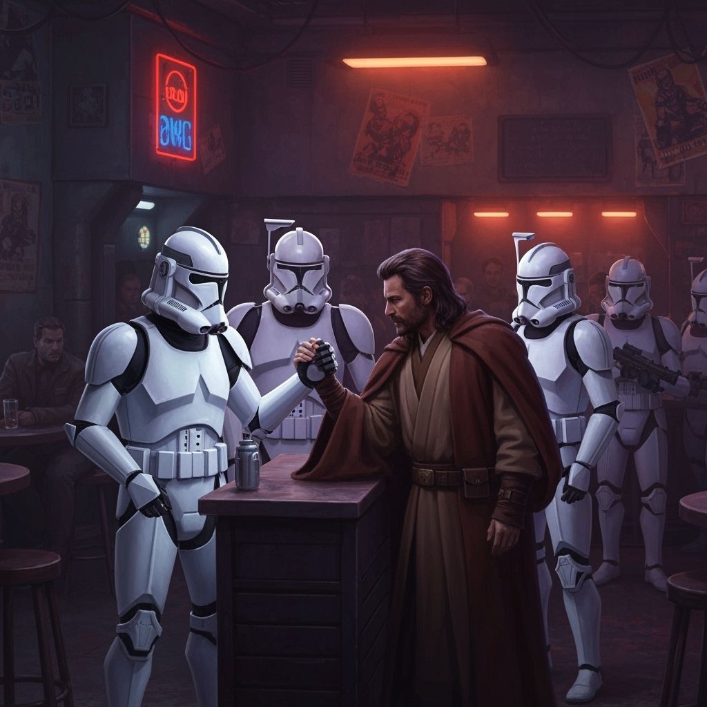 Clone Troopers Arm Wrestling Jedi in Neon Sci-Fi Style
