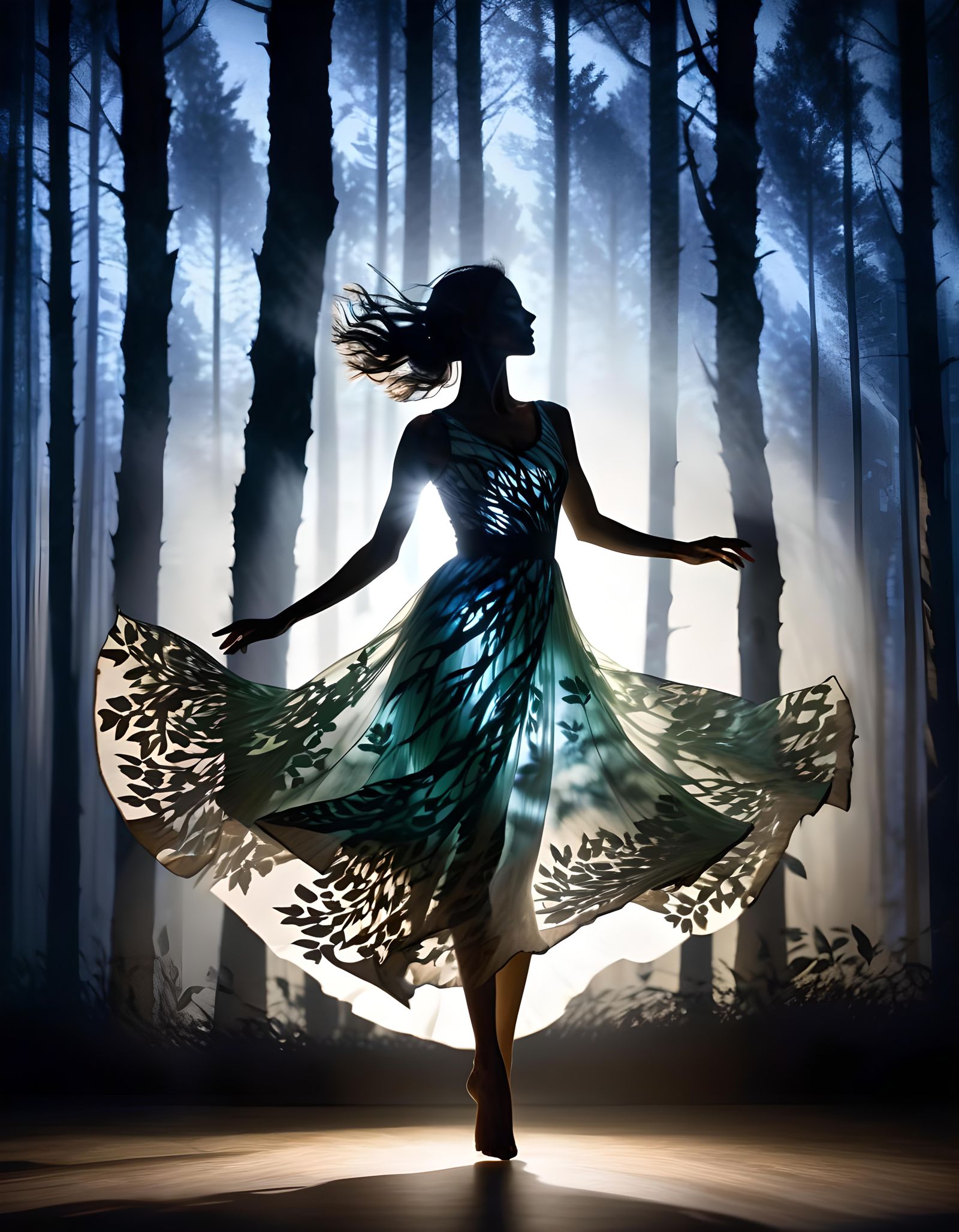 Woman Dancing in Mystical Forest with Shadowlight