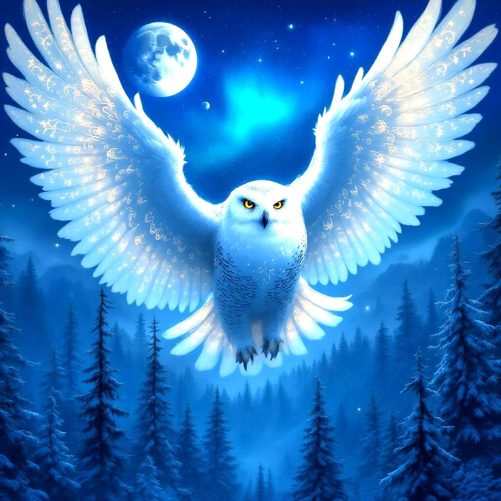 Friendly Snow Owl Soars Over a Cosmically Lit Forest at Gold...