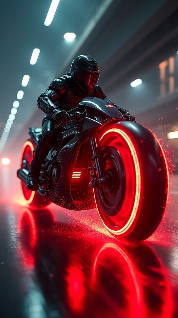 Futuristic Motorcyclist on Red Hoverbike in Cyberpunk City