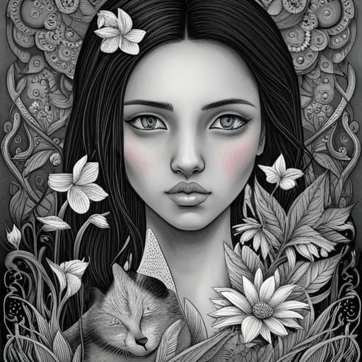 Fairytale Girl with Animals: Black and White Coloring Book A...