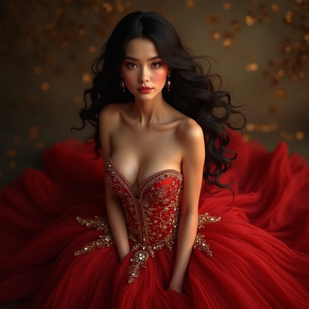 Elegant Ruby Red Evening Gown Portrait in Digital Art Style