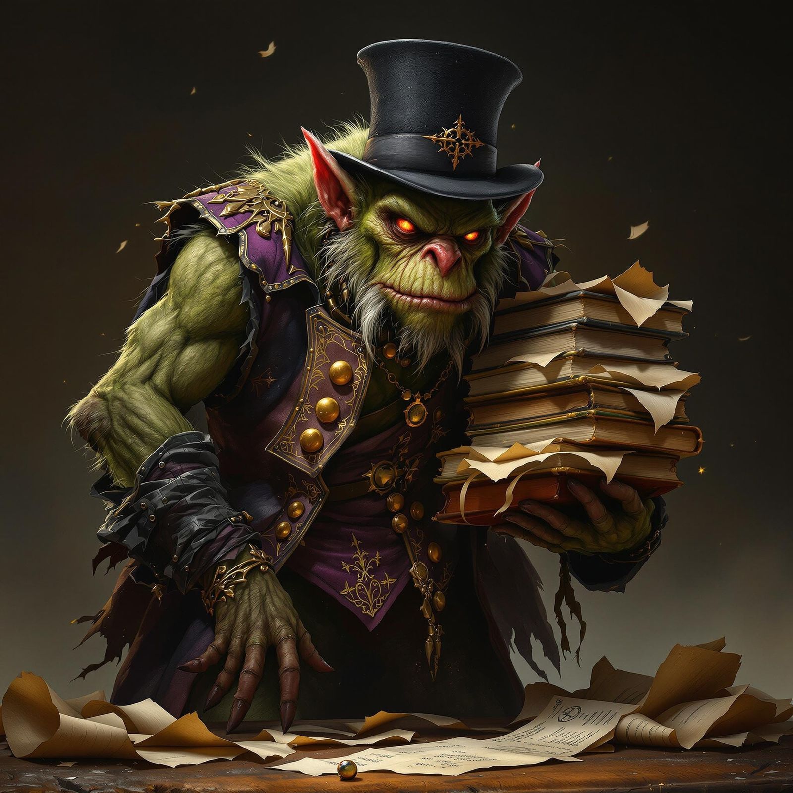 A tall, lanky, skinny, bald, older green-skinned troll, wear...