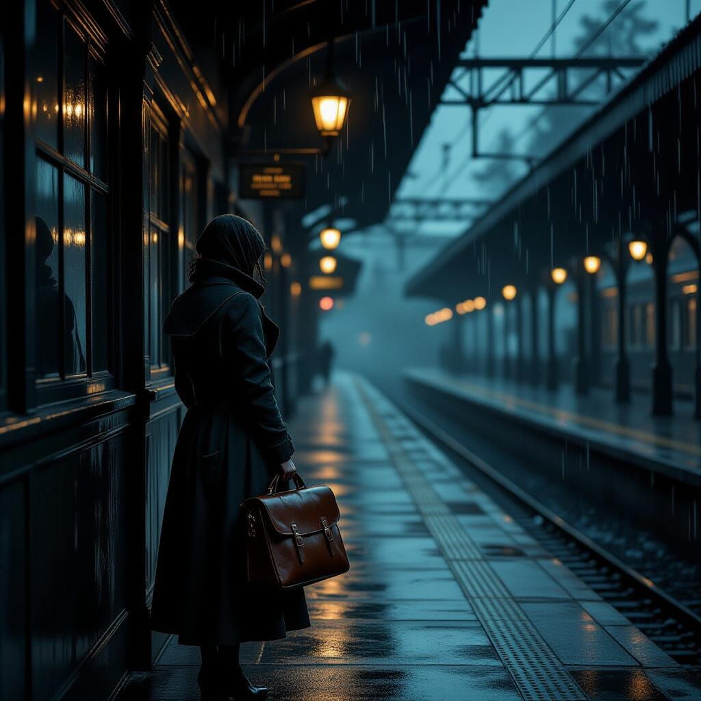 Woman on Rainy Train Platform in Concept Art Style