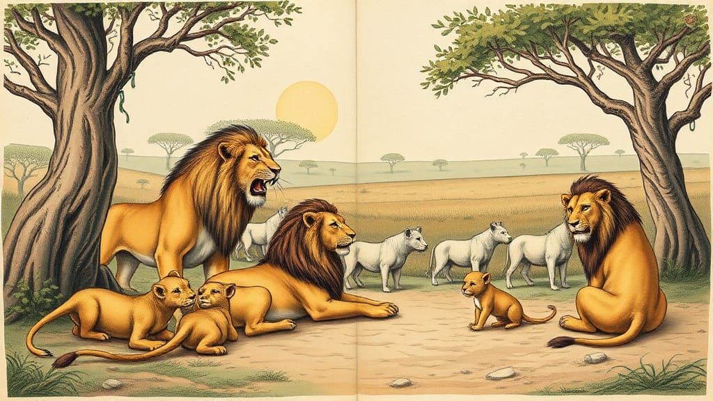 Savannah Lions in Watercolor Book Illustration