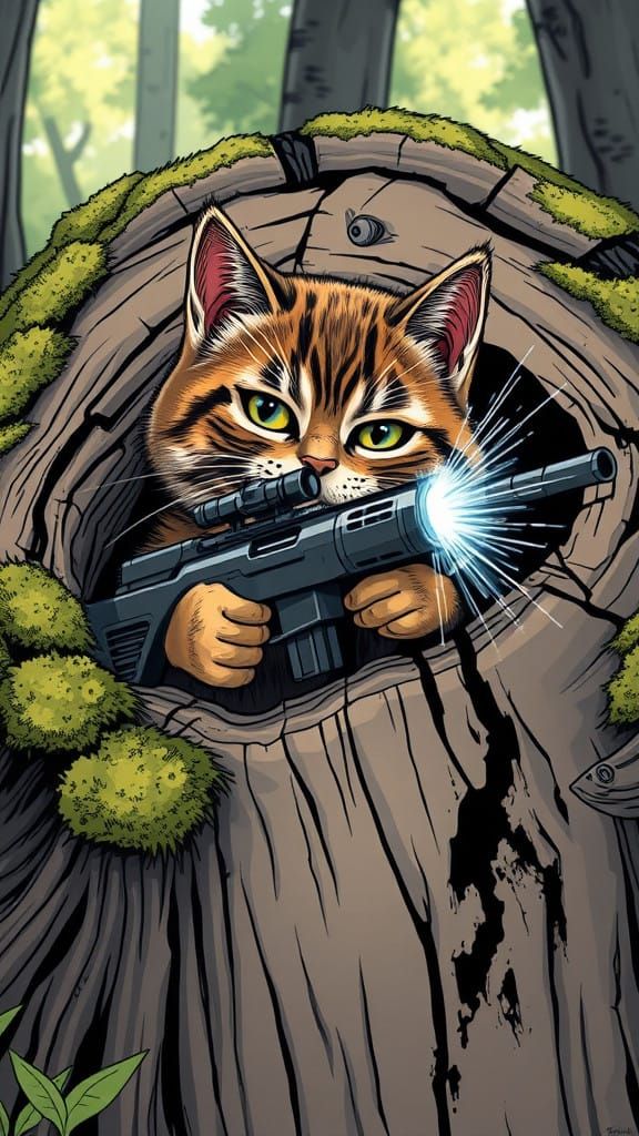 Mischief in the Woods: Cyberpunk Cat in Combat Readiness