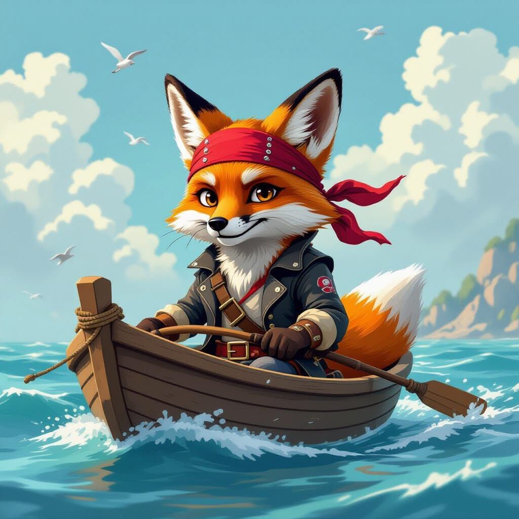 Whimsical Pirate Fox Sails a Tiny Boat