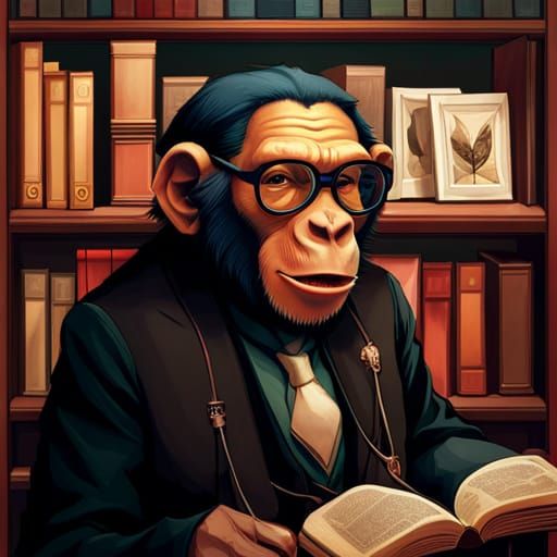Chimpanzee Librarian: Hyperdetailed Artgerm-Inspired Library...