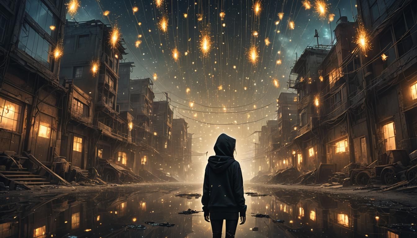 Post-Apocalyptic Wasteland City with Fairy Lights