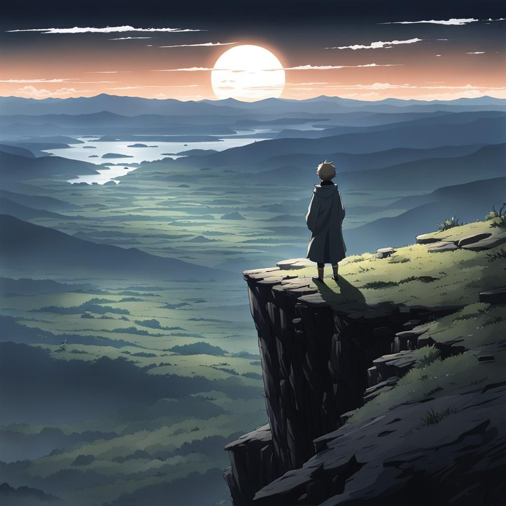 Anime-Style Figure Contemplates Vast Landscape