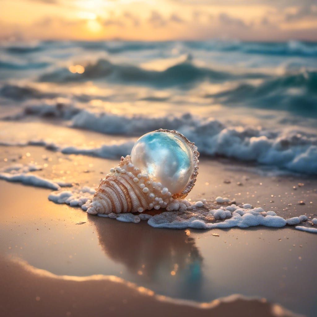 Pearl Reflecting Sea Waves on Beach