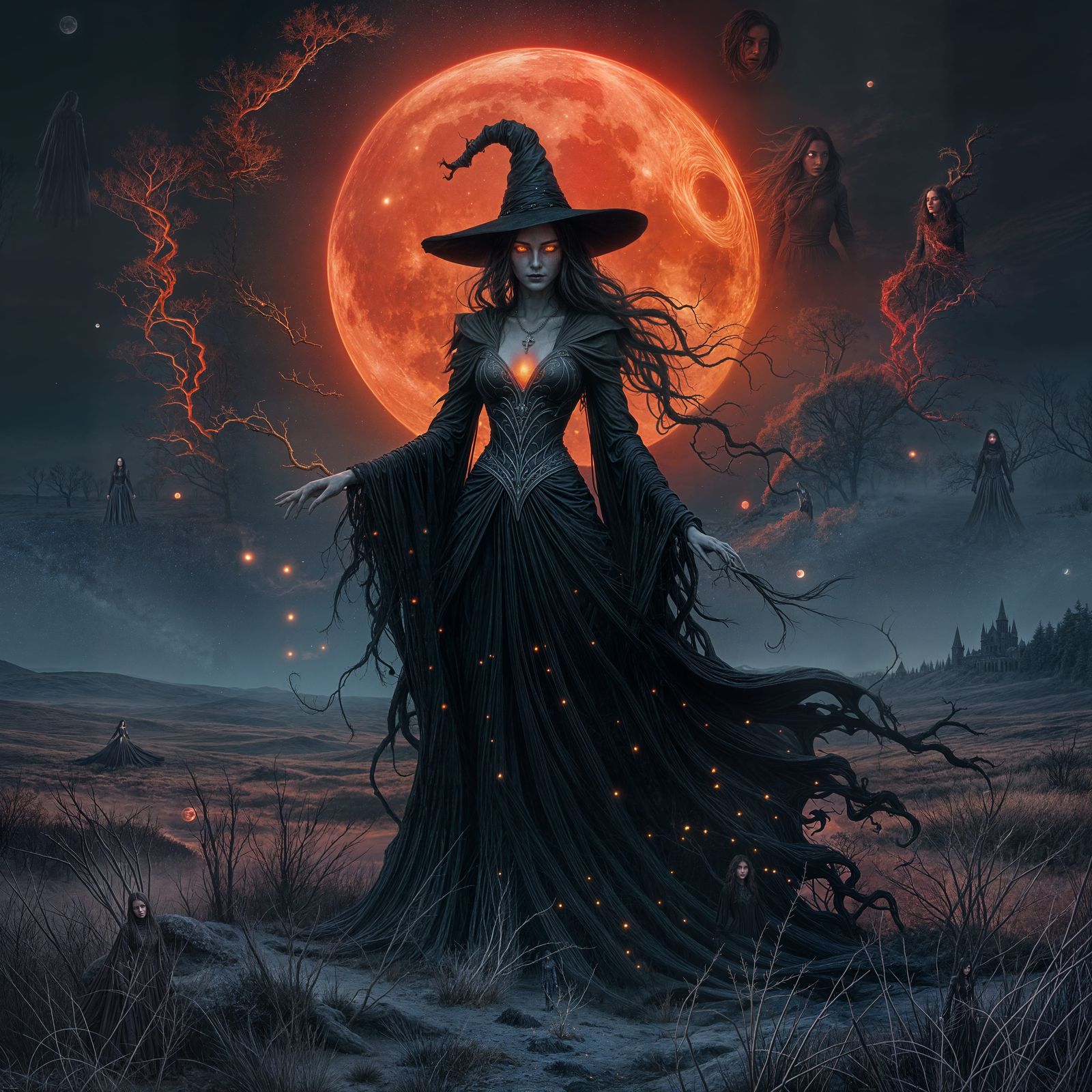 Shadow Witch on Desolate Moor Under Blood Moon