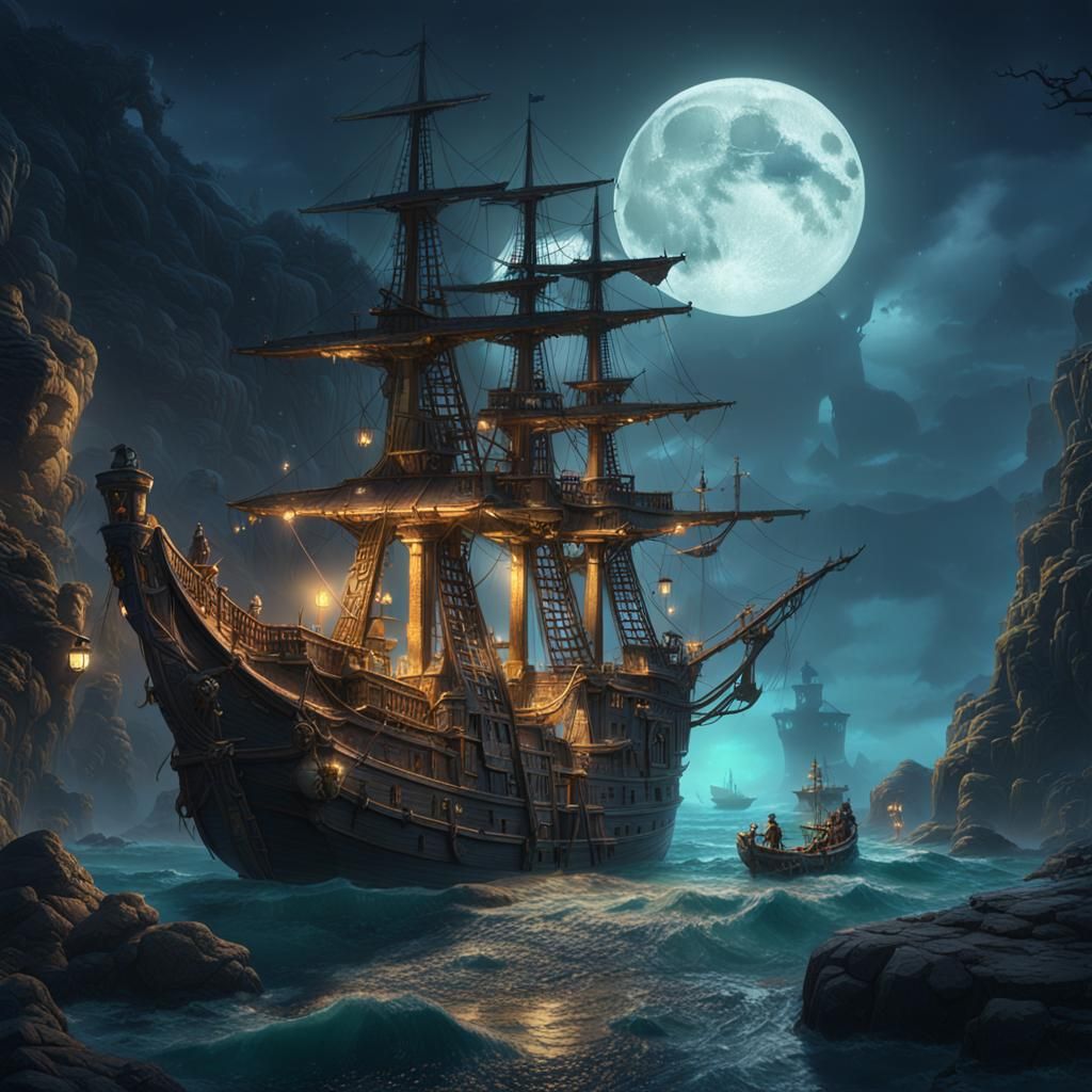 Moonlit Pirates Cove Treasure in Detailed Matte Painting