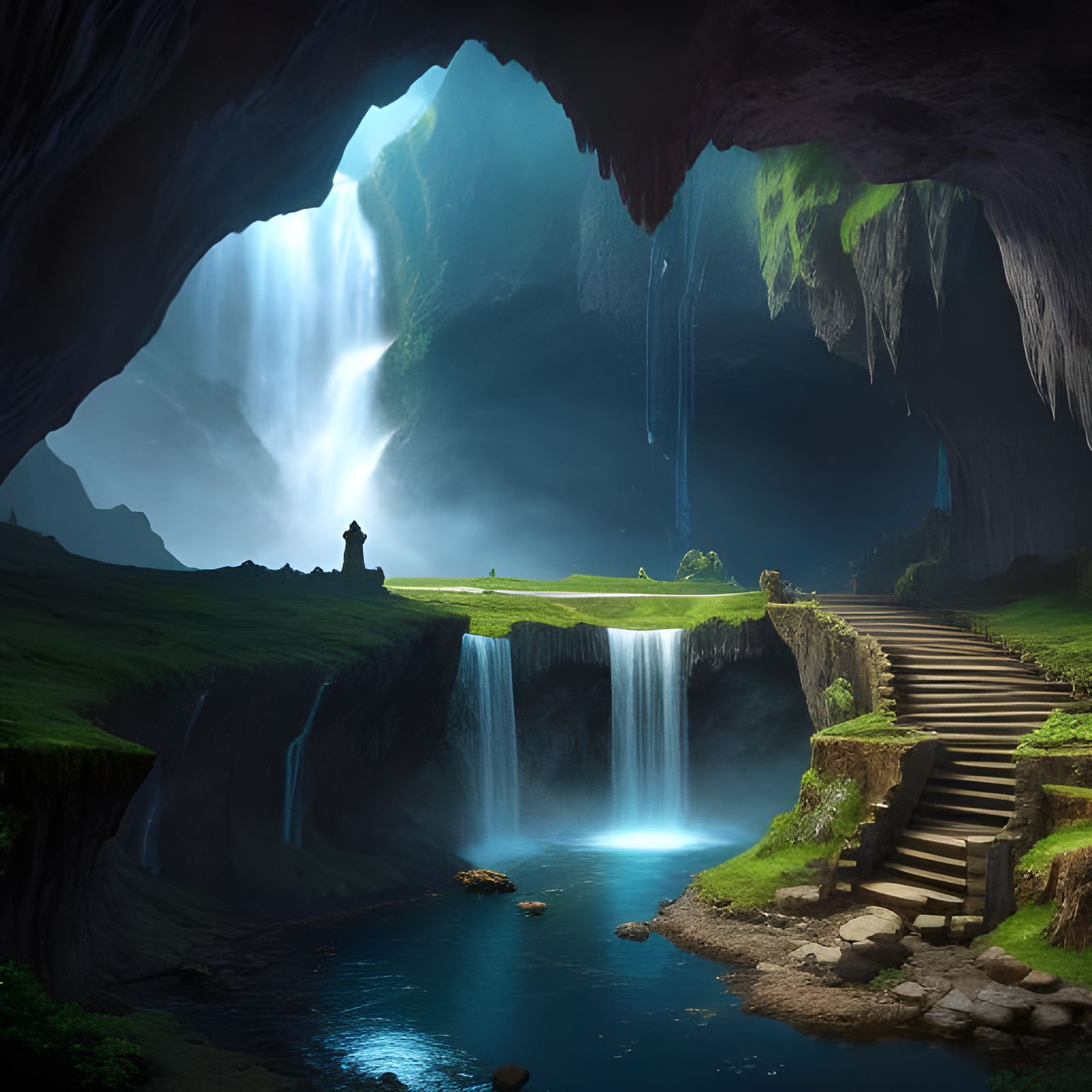 Photorealistic Fantasy Cavern with Waterfall