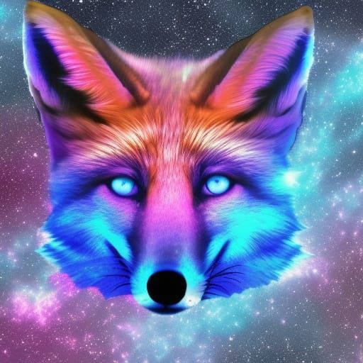 Holographic Galaxy Fox in Mixed Media Illustration
