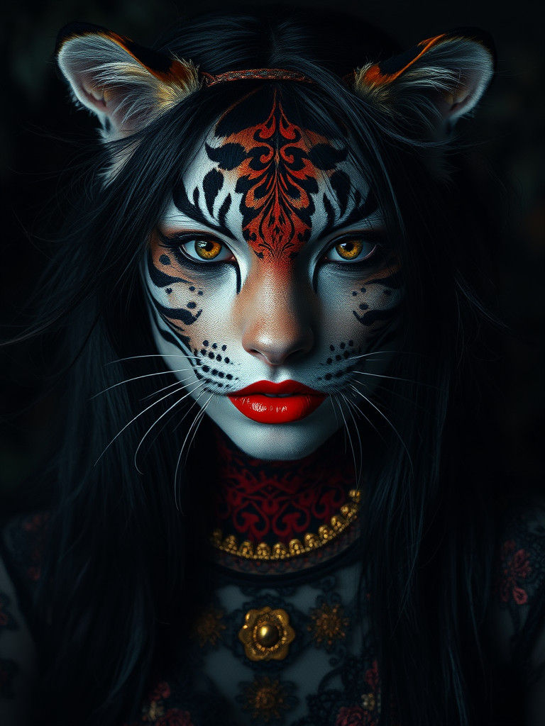 Ethereal Tiger Woman in Dark, Haunted Garden