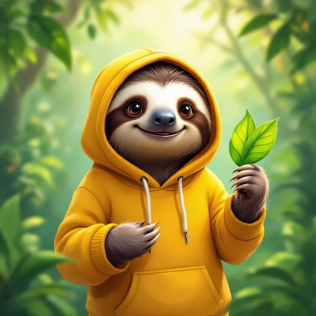 Whimsical Sloth in Yellow Hoodie Holds Leaf in Rainforest