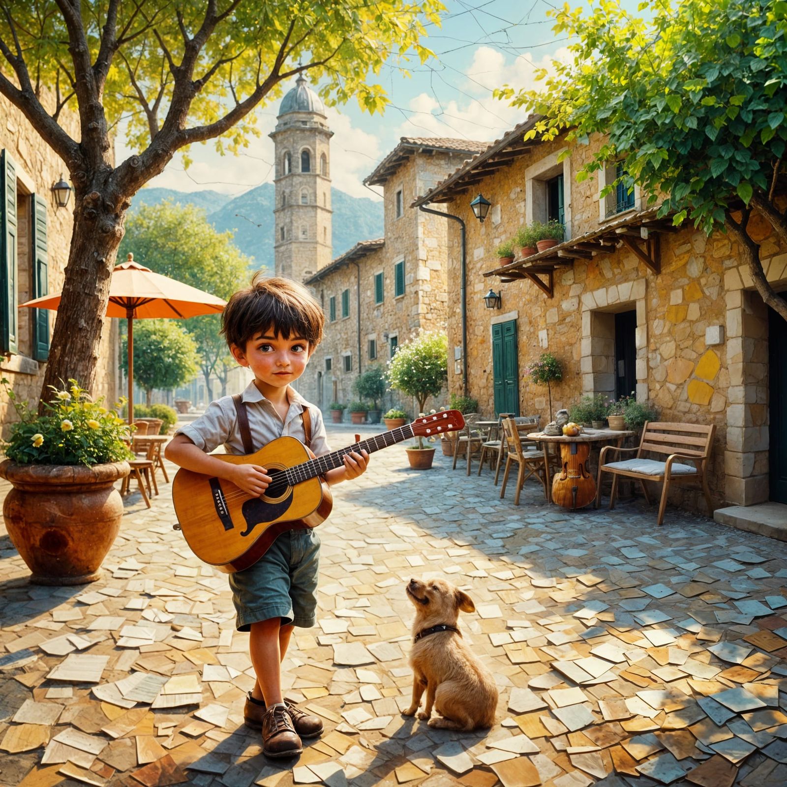 Boy Playing Music in 1960s Italy