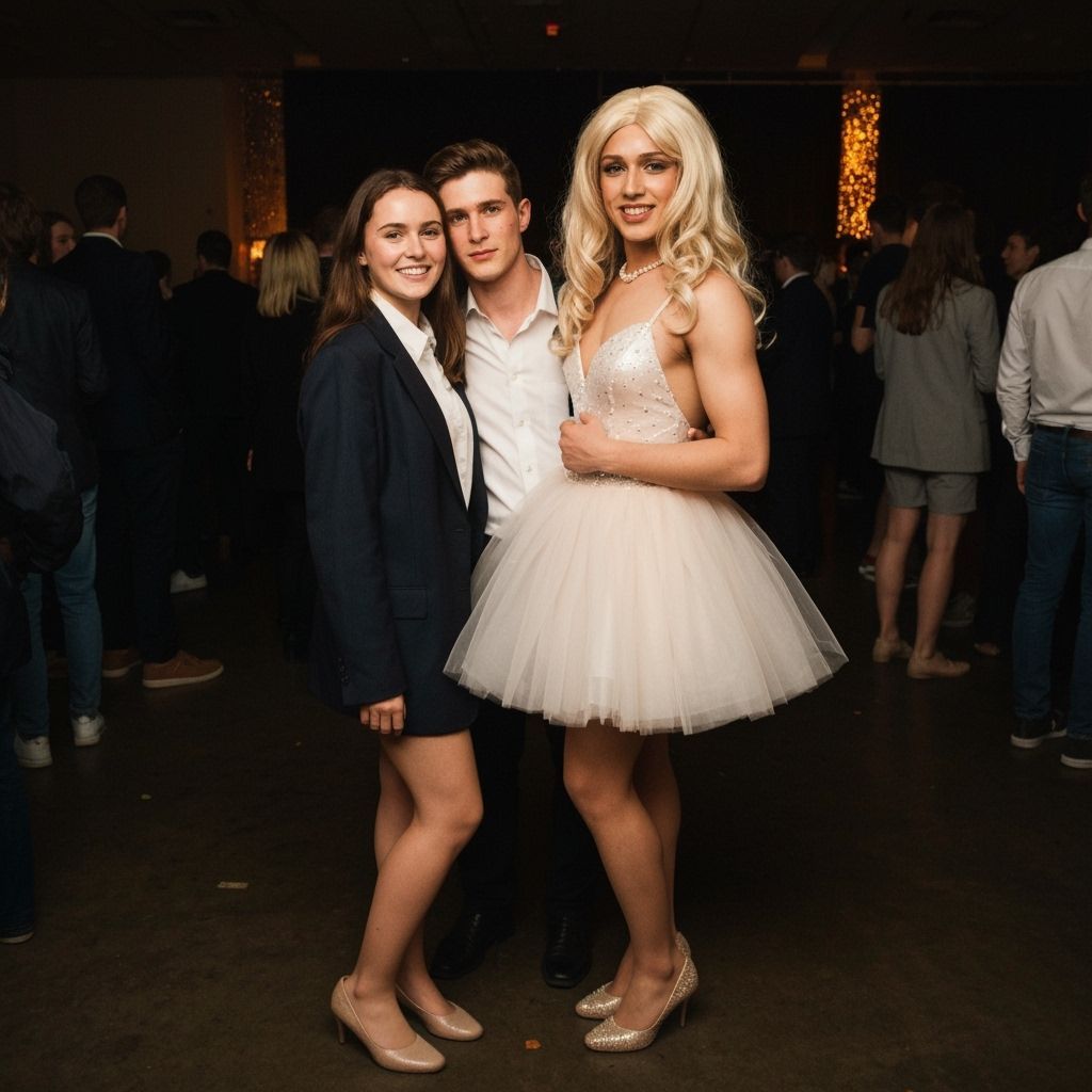 1990s Prom Scene: Crossdressing Teenager Poses with Woman