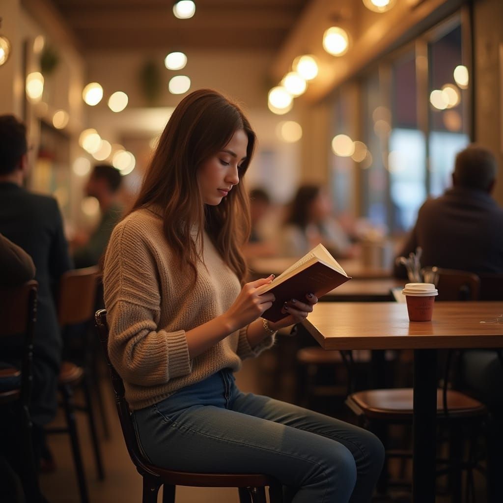Cozy Cafe Scene: Woman Reading, Warm Lighting