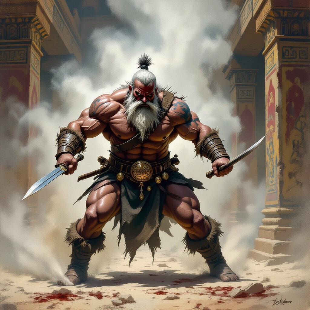 Battle-Scarred Warrior's Last Stand in Ruined Temple