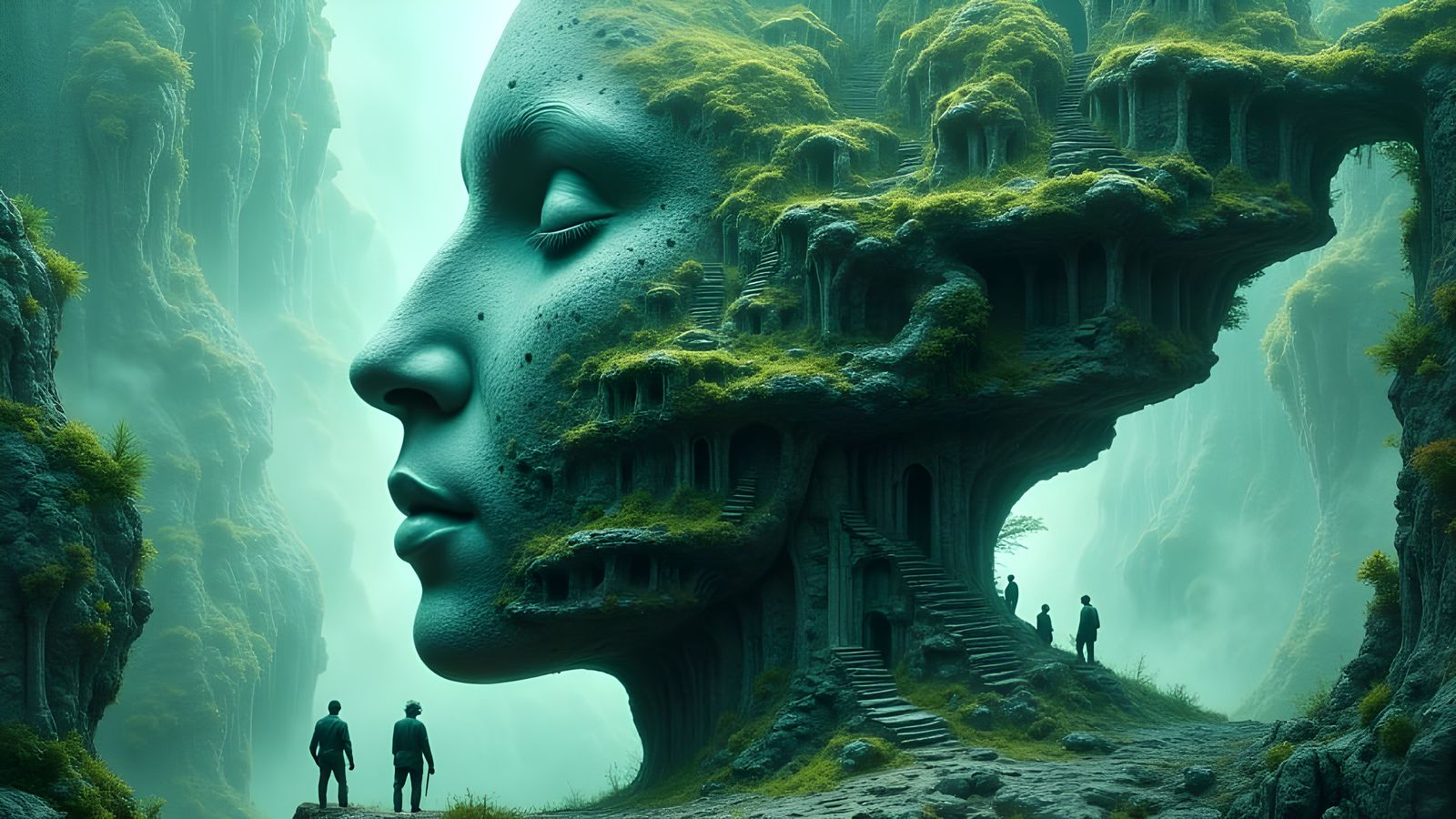 Surreal Stone Head Floating in Psychedelic Landscape