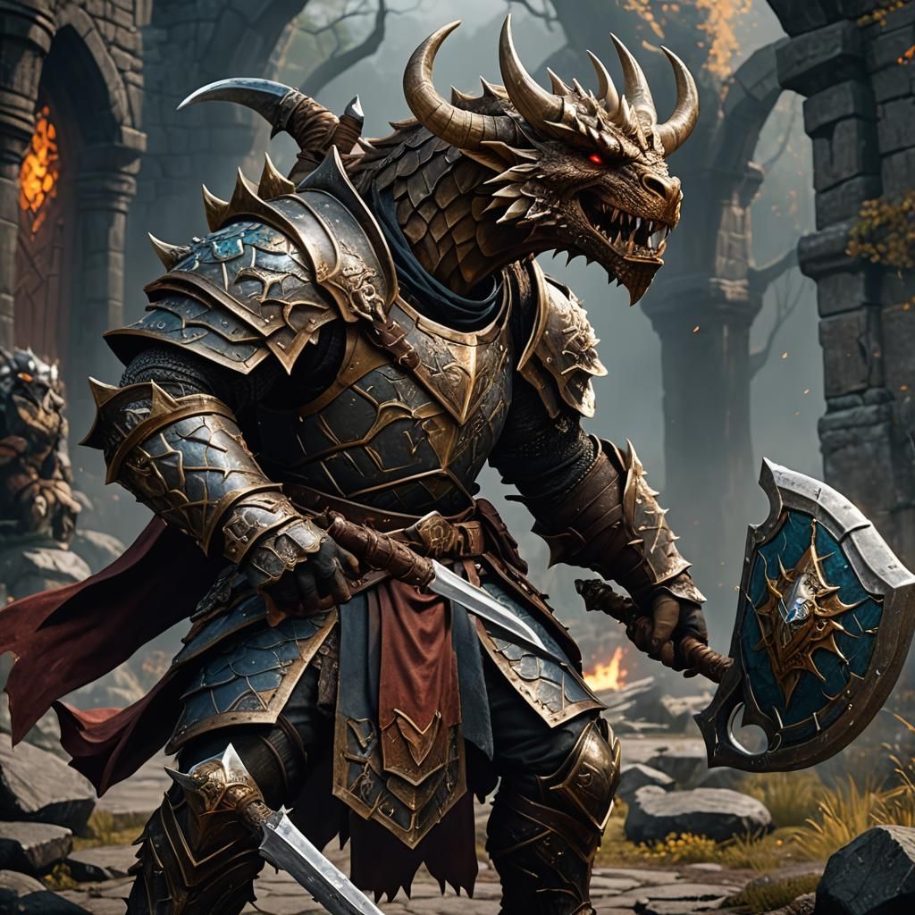 Dragonborn Fighter with Axe and Shield: Fantasy Art