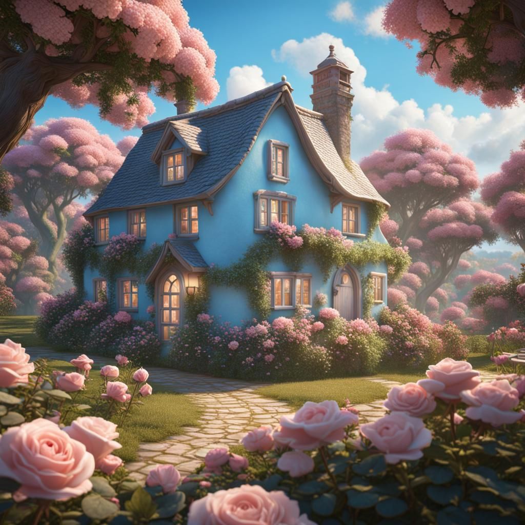 Pastel Rose Cottage with Blue Sky, Detailed Matte Painting