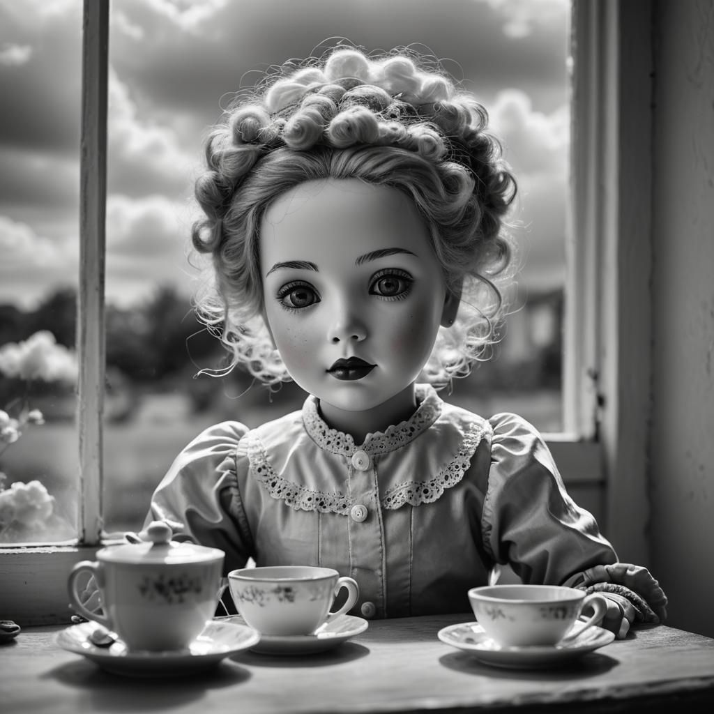 Porcelain Doll's Teatime: Black and White Portrait