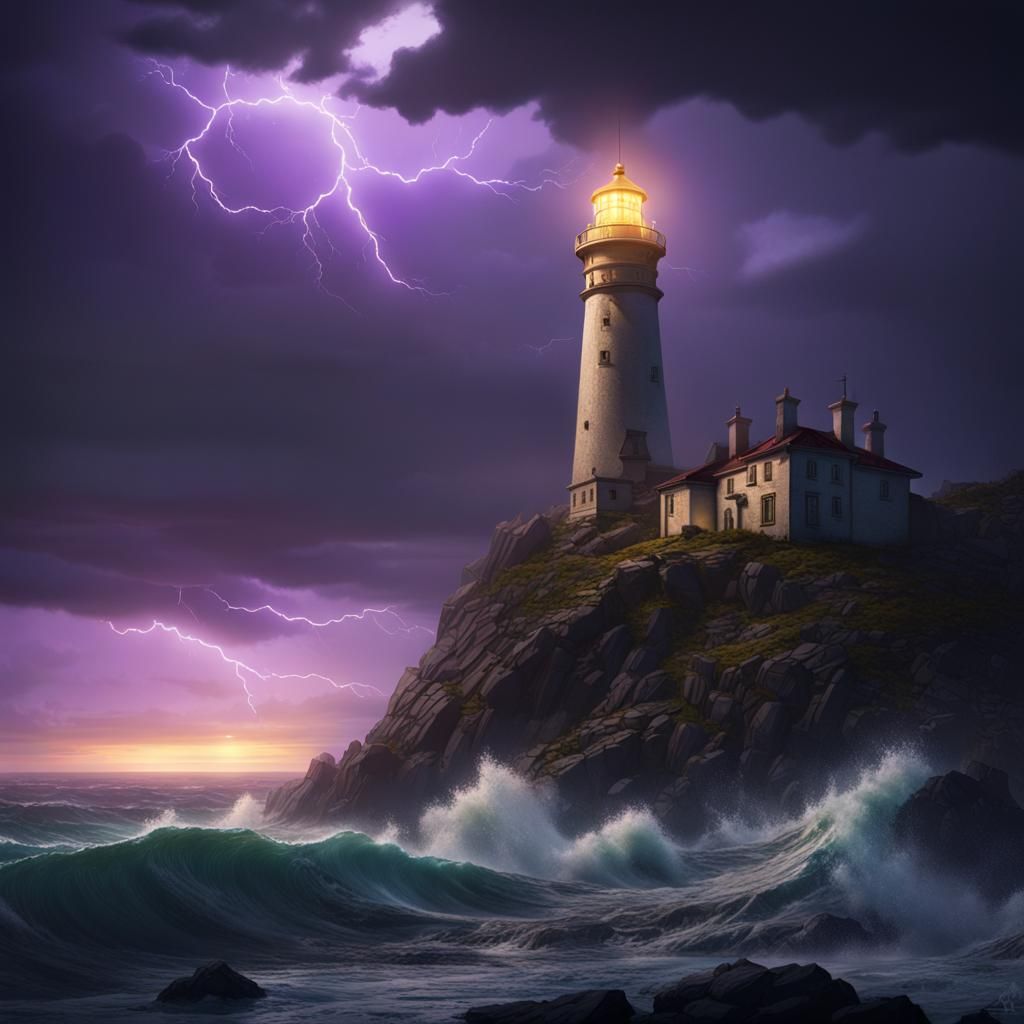 Lighthouse on Stormy Night in Art Nouveau Style