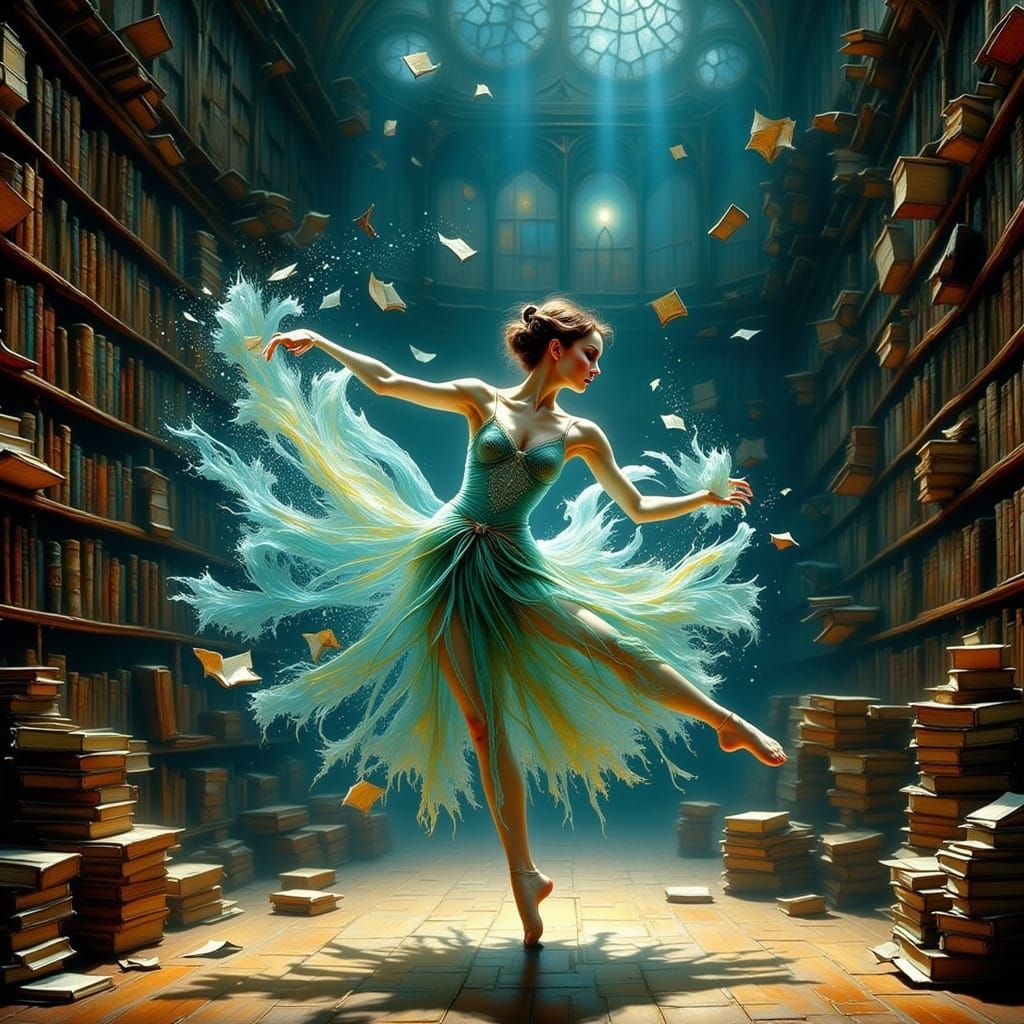 Stardust Dancer in Ancient Library, Storybook Style