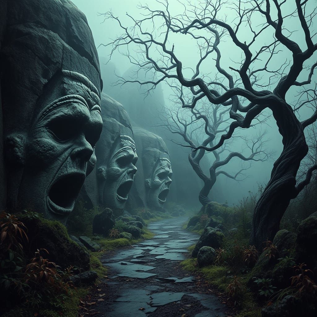 Ethereal Horror Landscape with Ancient, Weathered Faces in R...