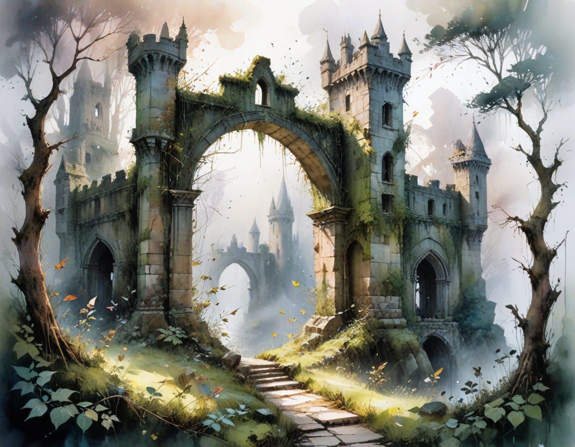 Moss-Cloaked Castle Ruins in Watercolour Style