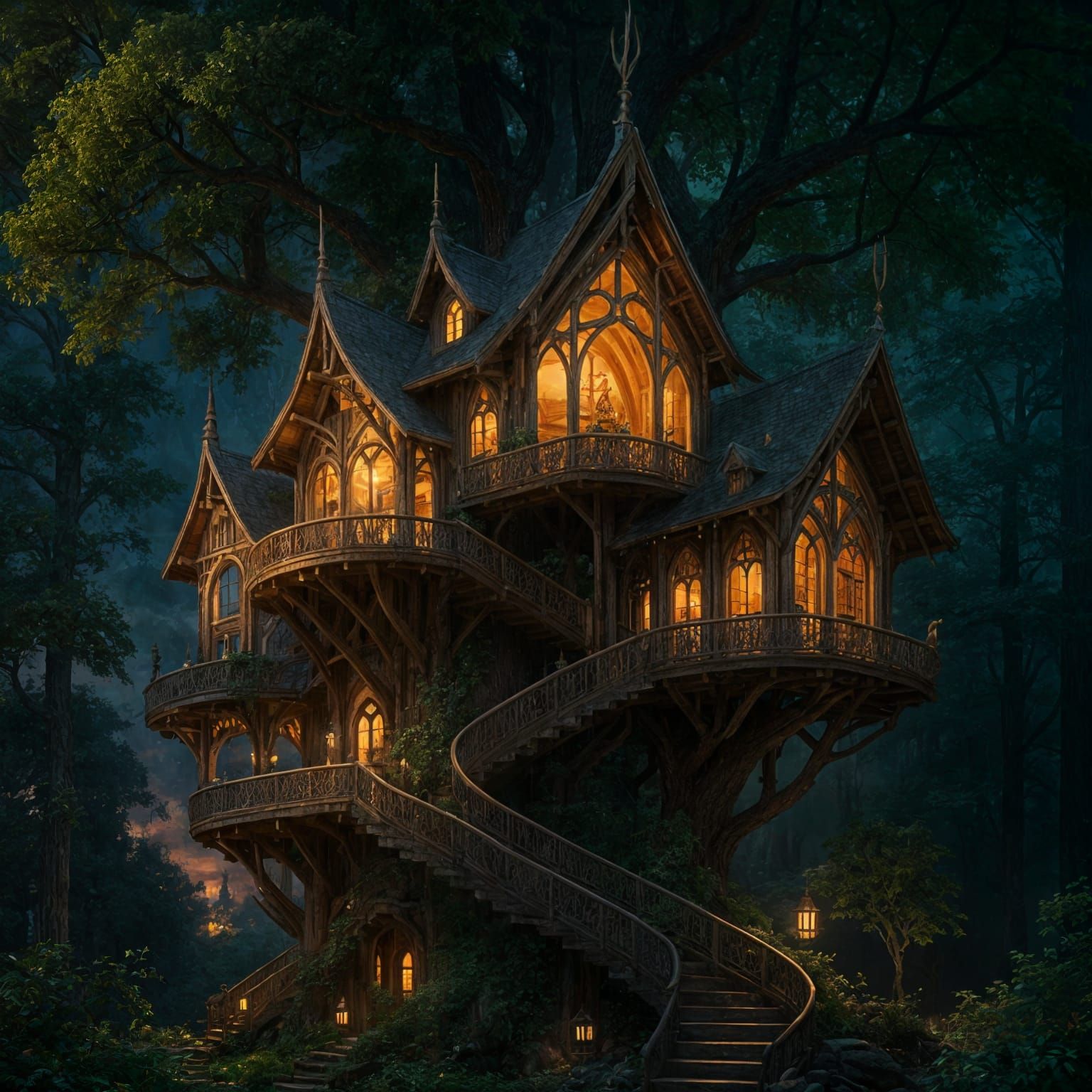Elegant Elven Treehouse Inn with Winding Stairway in Fantasy...