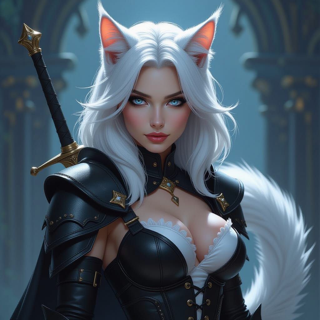 Regal Cat Woman Warrior in High-Fantasy Digital Art