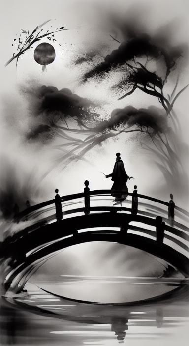 Minimalist Chinese Ink Painting with Pink Hue