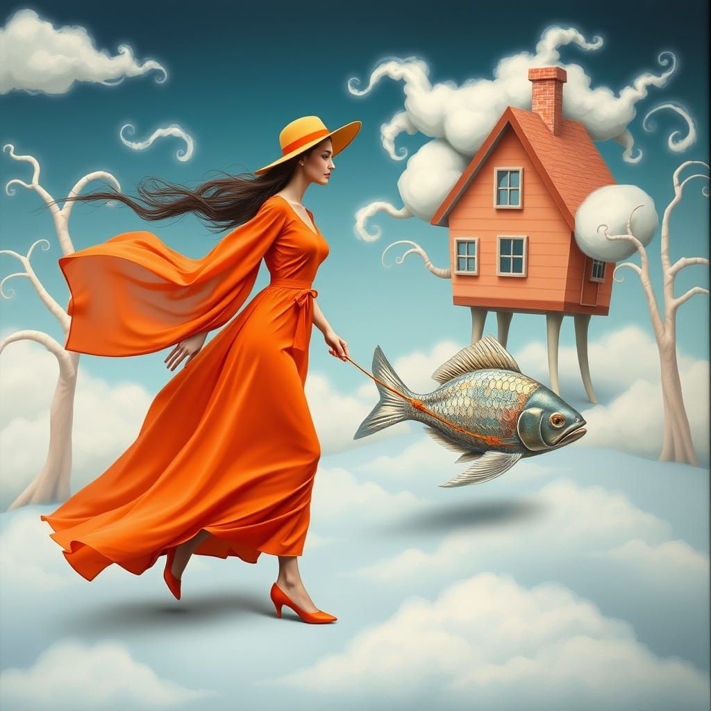 Woman Walking Fish in a Whimsical Dreamscape